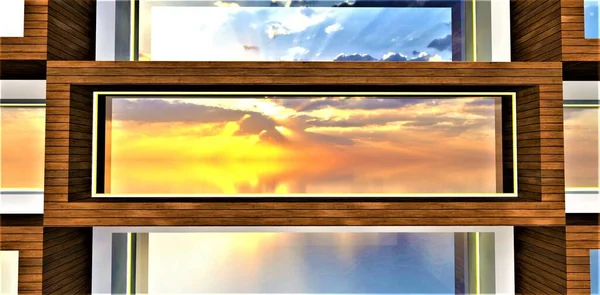 Facade board as an element of finishing the facade of an apartment building. A wide panoramic window reflecting the rising sun behind the clouds. 3d rendering.