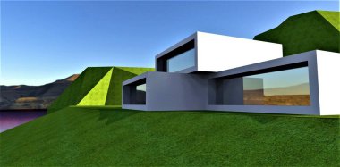 Denizin ortasındaki yeşil adalardan birinde beyaz cepheli elit bir evin gelecekteki konsepti. Temiz hava ve tekneyle ulaşması zor bir yer. 3d oluşturma.