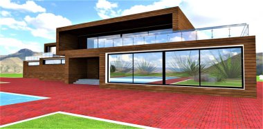 Aynalı panoramik pencereli ahşap bir ev. Kırmızı tuğla kaldırım. Taze biçilmiş çim. 3d oluşturma.