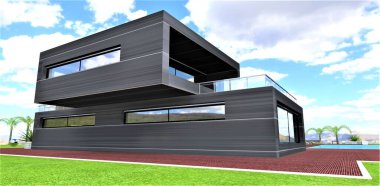 Metal cepheli, teknolojik akıllı kulübenin çağdaş tasarımı. Gayrimenkule yatırım yapmak isteyen potansiyel müşterileri çekmek için iyi bir afiş. 3d oluşturma.