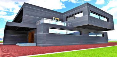 Zengin Amerikalılar için akıllı, modern bir ev. Metalik kaplama, mülkü potansiyel bir yatırımcı için çok daha cazip kılıyor. 3d oluşturma.