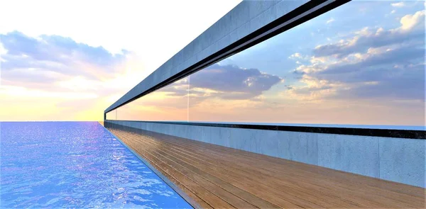 Deep Blue Sea Wood Flooring Concrete Wall Large Full Length 로열티 프리 스톡 이미지