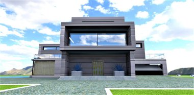 Üç katlı bir aile kulübesinin ilginç bir tasarımı. Bileşik materyalle cepheyi tamamlamak. Yolları ve çimenleri olan bakımlı bir bölge. 3d oluşturma.