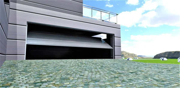 Granieten Straatstenen Voor Poort Naar Donkere Garage Van Een Modern Stockafbeelding