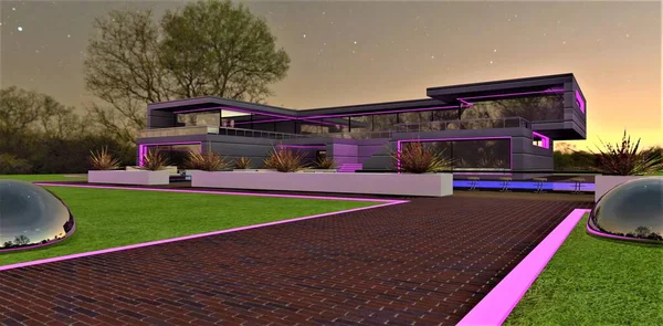 Beautiful night with bright stars above the modern estate with purple LED illumination of the well-groomed territory. 3d rendering.