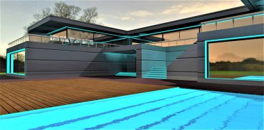 The steps into the pool are visible under the turquoise water. Stunning design of the contemporary family house for people with middle income. 3d rendering.