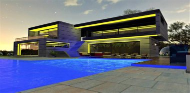 Amazing pool iluminated with blue colour. Glowing yellow LED stripes as a house facade decor. Beautiful starry night sky. 3d rendering.