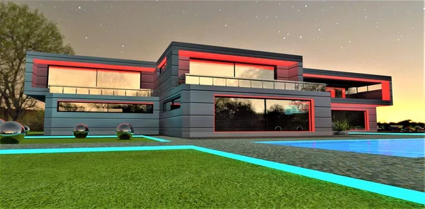 Red and turquoise illumination of the amazing country dwelling at night. Stunning starry sky above. 3d rendering.