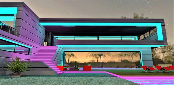 Turquoise and purple glowing colours as decor of the facade and relax area of the contemporary stylish country house at night. 3d rendering.