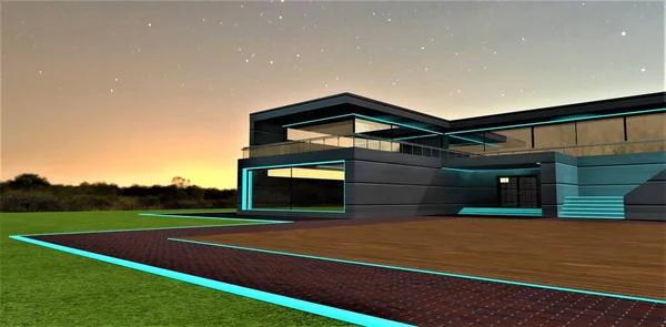 Turquoise illumination of the contemporary estate territory at night time. Glowing sidewalk, staircase, and porch. Stunning starry sky. 3d rendering.