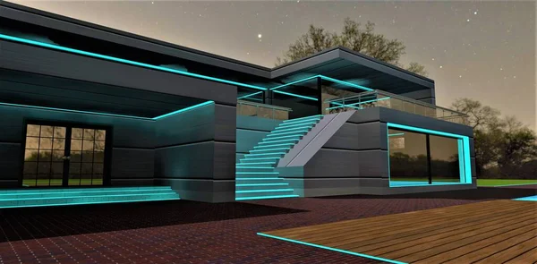 Attractive turquoise illumination of the staircase and design elements of the futuristic family house at night. 3d rendering.