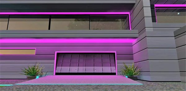 Entrance to the garage with lifting automatic gate made of aluminium. Purple illumination of the metal facade. 3d rendering.