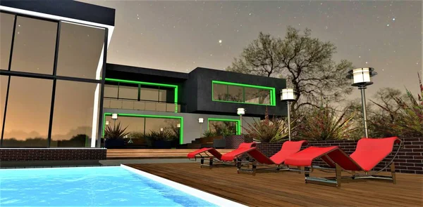 Several red sun loungers in the starry evening on the deck near the glowing swimming pool. Glass illuminated facade of the stylish house. 3d rendering.