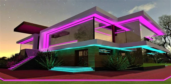 Evening illumination of the stylish family cottage. Successful combination of the turquoise and purple. View of the glowing porch steps. 3d rendering.