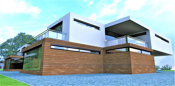 Newly built awesome cottage. View of the stylish balcony with glass fence. Wooden finishing of the first floor. 3d rendering.
