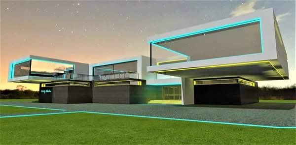 Stunning country dwelling with yellow turquoise illumination at night on the amazing lawn under the starry sky. Good idea for exterior decor designers. 3d rendering.