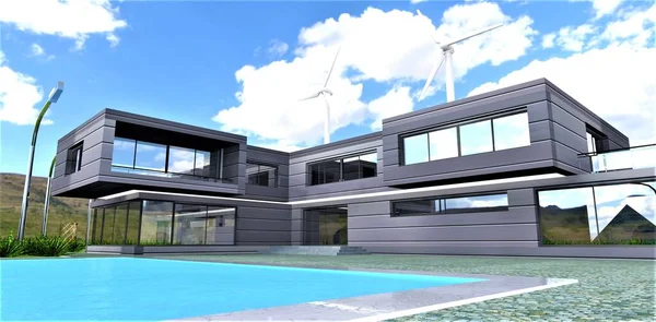 View of the futuristic cottage with pool. Fully independent energy system on the base of wind generation. 3d rendering.