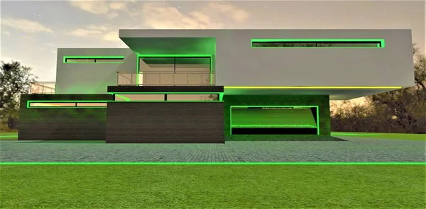 Bright green exterior lighting of the contemporary family house at night. View of the porch with lifting gate. Long glowing windows. 3d rendering.