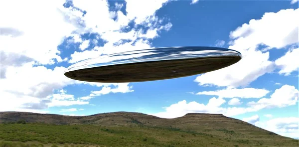 Snap Ufo Flying Sky Hilly Landscape Suitable Illustration Scientific Magazines Stock Photo
