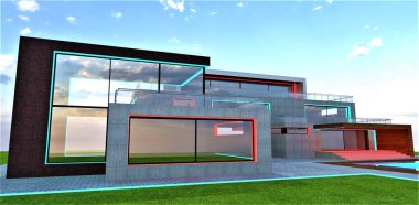 Abstract suburban house made of concrete and glass iluminated in turquoise and scarlet. 3d rendering.
