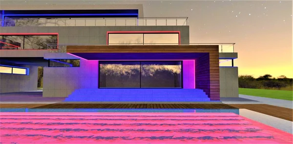 Blue glowing steps of the stylish porch at night. Glass entry door. Red surface of the illuminated swimming pool. 3d rendering.