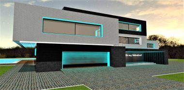 Illuminated in turquoise entrance to a garage of the country dwelling with lifting aluminium gate at night. 3d rendering.