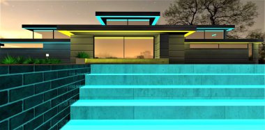 Turquoise illuminated steps with black brick tile border. Amazing suburban family house with glowing LED stripe along the entire facade. 3d rendering.
