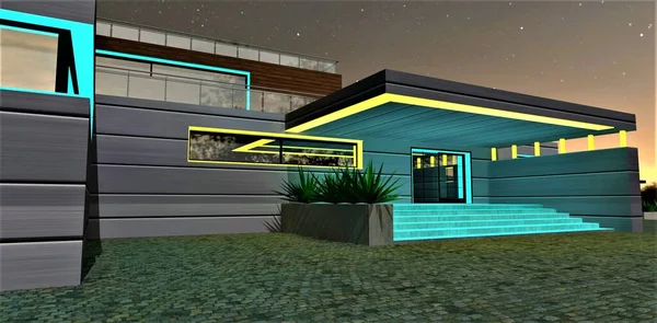 Illuminated porch with glowing turquoise steps. Looks good with aluminium facade. Stylish plants and natural granite pavement. 3d rendering.