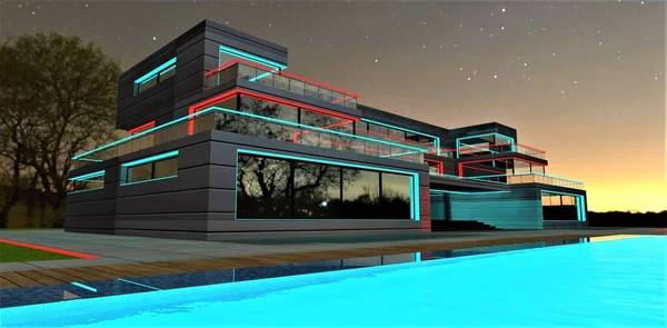 Swimming pool with amazing turquoise water at night. Luxury country estate illuminated with red and turquoise. 3d rendering.
