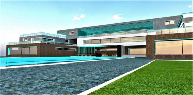 Modern design of the upscale villa newly constructed using eco-friendly building materials. Looks nice with day exterior illumination. 3d rendering.