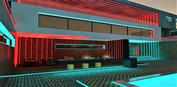Stunning chill out zone with glowing pool in the courtyard of the upscale night club. Illuminated exit from the building. 3d rendering.