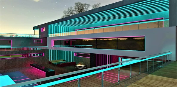 View of the relax area from the terrace of the modern stylish estate illuminated in pink and turquoise at night. Attractive parallel glowing lines. 3d rendering.
