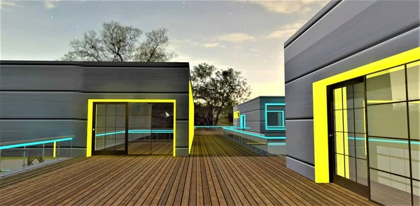 Several townhouses with common wooden terrace fenced with glowing rails at beautiful starry night. 3d rendering.