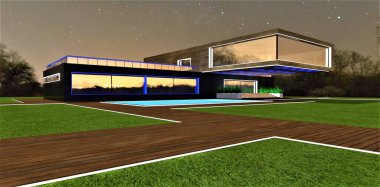 Evin çağdaş tasarımı yetenekli mimarlardan oluşan bir ekip tarafından yönetiliyor. Aydınlatılmış yüzün gece görüşü. 3d oluşturma.