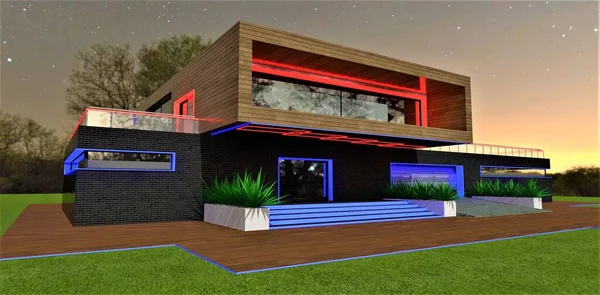 Blue glowing border and steps of the porch at night. Looks suitable with red illumination of the balcony glass door frame. Wooden pavement. Elements of the facade board in exterior. 3d rendering.