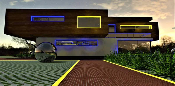Straight lines of the yellow glowing curbs. Red tile pavement. Several green bushes in a row. Upscale modern house illuminated in blue and yellow at night. 3d rendering.