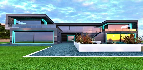 Exclusive Design Contemporary Villa White Glowing Curb Lawn Natural Granite — Zdjęcie stockowe