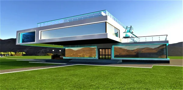 Exclusive Design Newly Built Contemporary Upscale Villa Lawn Mountains Day — Zdjęcie stockowe