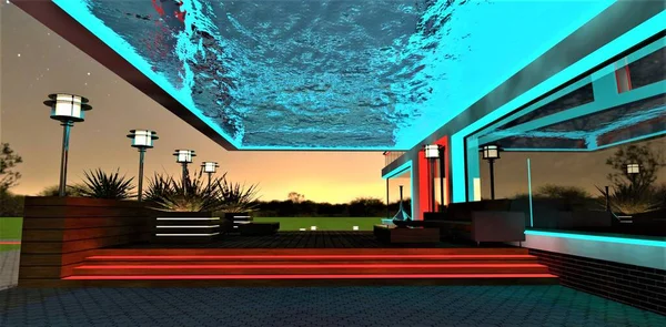 Illuminated glass transparent bottom pool at night above the cozy lounge patio with red glowing steps and white luminous street lights. 3d rendering.