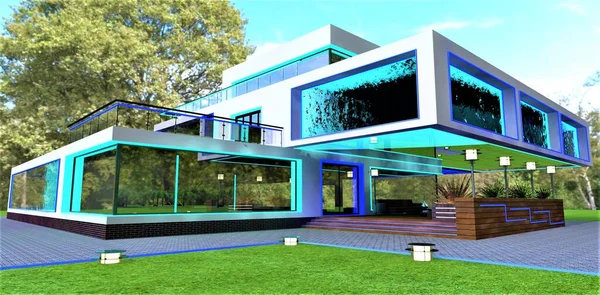Luxury high tech suburban building with the glass bottom pool inside. The water is visible through the large illuminated windows. Stylish cozy patio under the console floor. 3d rendering.