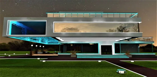 Entrance to the luxury mansion. High tech cantilevered swimming pool with glass bottom. Night view. Well-groomed illuminated walkways with low lights along on the lawn. 3d rendering.