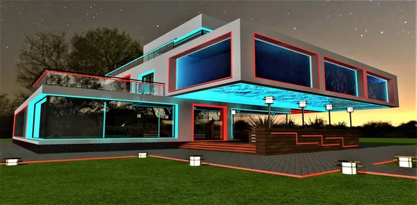 Cantilevered swimming pool with transparent bottom above the entrance to the mansion at night. Red elegant illumination with turquoise elements. 3d rendering.