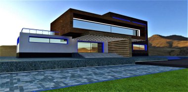 Recently finished design of the contemporary eco-friendly house in the mountains region. View of the day illuminated porch. Artificial lawn and concrete tile pavement. 3d rendering.