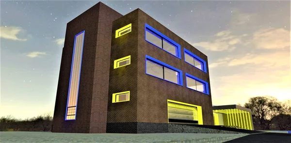 Cozy low-rise apartment building with illuminated exterior at night. Yellow glowing garage gate and porch. Red brick wall finishing. 3d rendering.