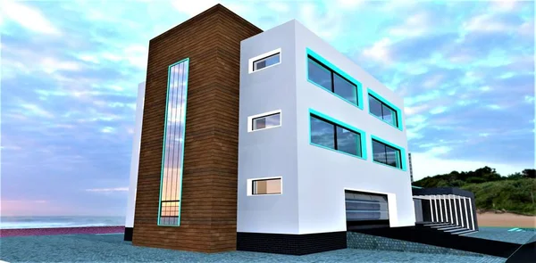 Low-rise suburban apartment building with white facade constructed on the sea shore on the sand empty beach. Garage with metal lifting gate. 3d rendering.