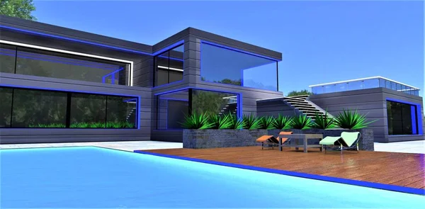 Elegant futuristic villa with blue day facade illumination. Two sun loungers with table on the deck near the pool. Stunning blue sky on the background. 3d rendering.