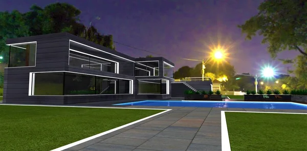 Night street lights illumination near upscale ,mansion with pool, glowing white window frames and border of the walkways on the lawn. 3d rendering.