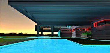 Console structure above the swimming pool with glowing surface on the territory of the private modern estate. Turquoise and red illumination at night. 3d rendering.