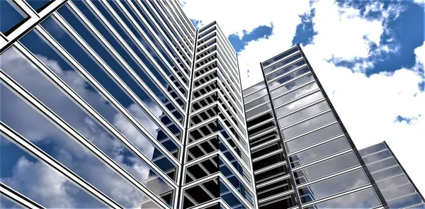 Contemporary upscale low-rise office. Parallel glowing day LED lines on the glass facade reflecting dense clouds. View from below. 3d rendering.