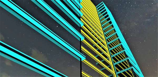 Turquoise and yellow illumination of the upscale apartment building glass exterior . View from below against the starry night. 3d rendering.